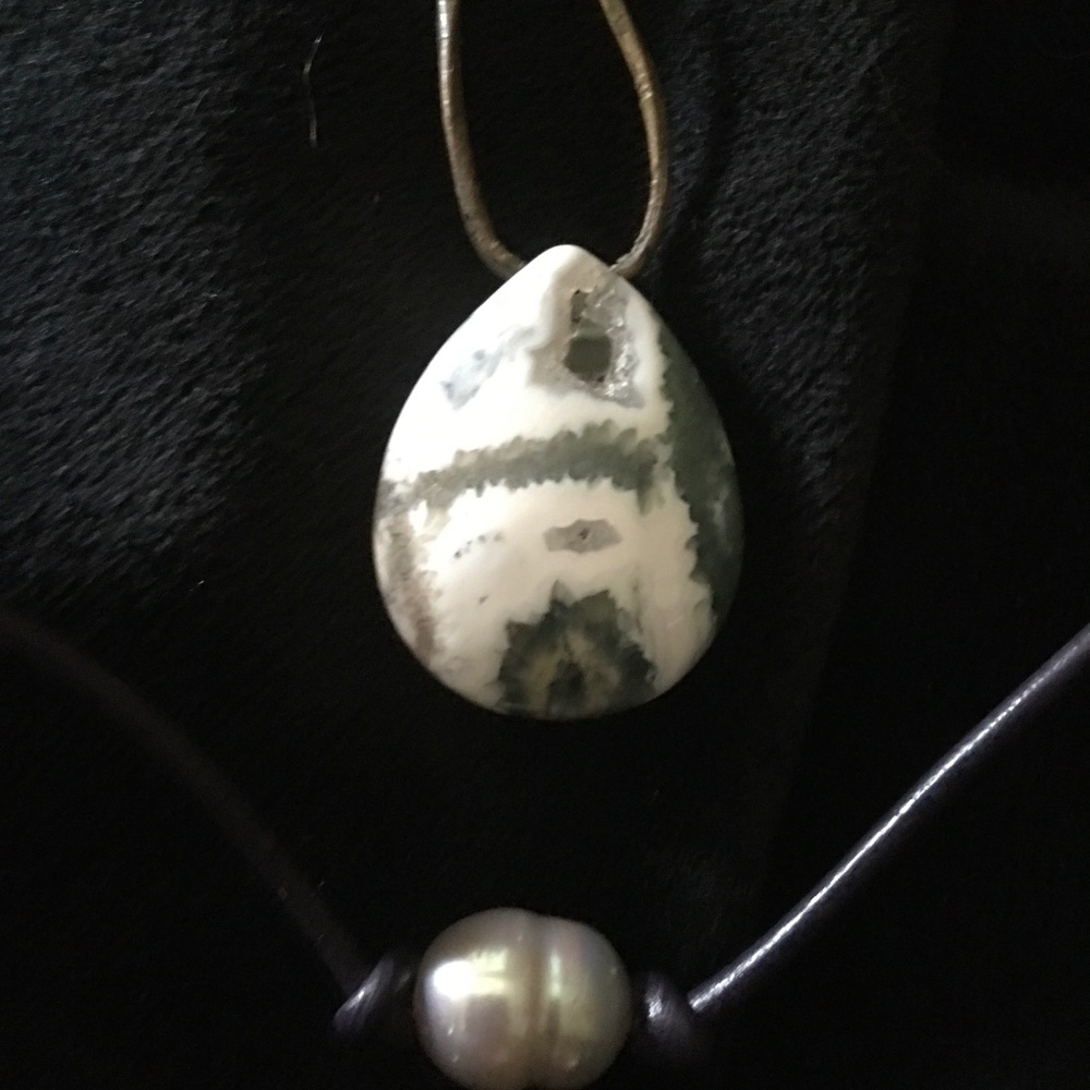 Two Pendants: A Pearl and Orbicular Jasper Teardrop w/ Druzy Cavern on Thongs